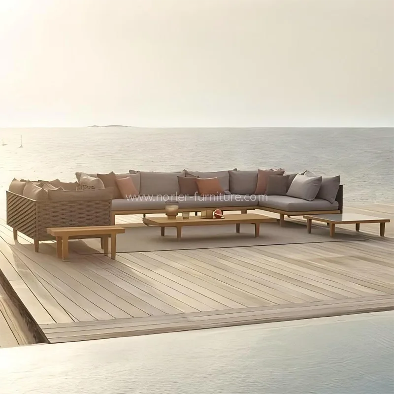 आधुनिक आउटडोर सागौन लकड़ी के फ्रेम रस्सी बुना सोफा