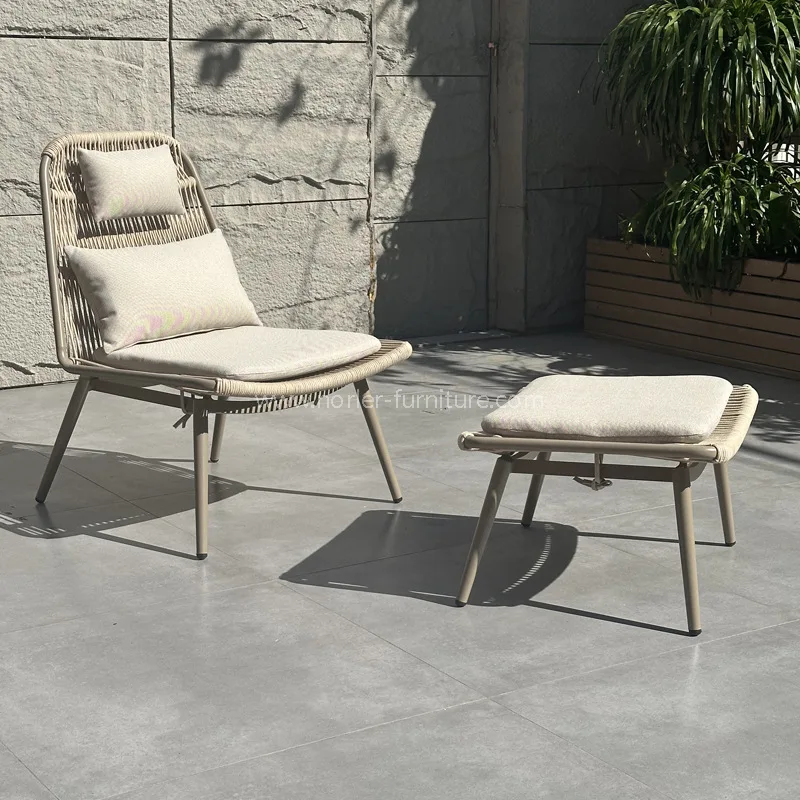 आउटडोर एल्यूमीनियम रस्सी बुनाई अवकाश कुर्सी फुटस्टूल सेट