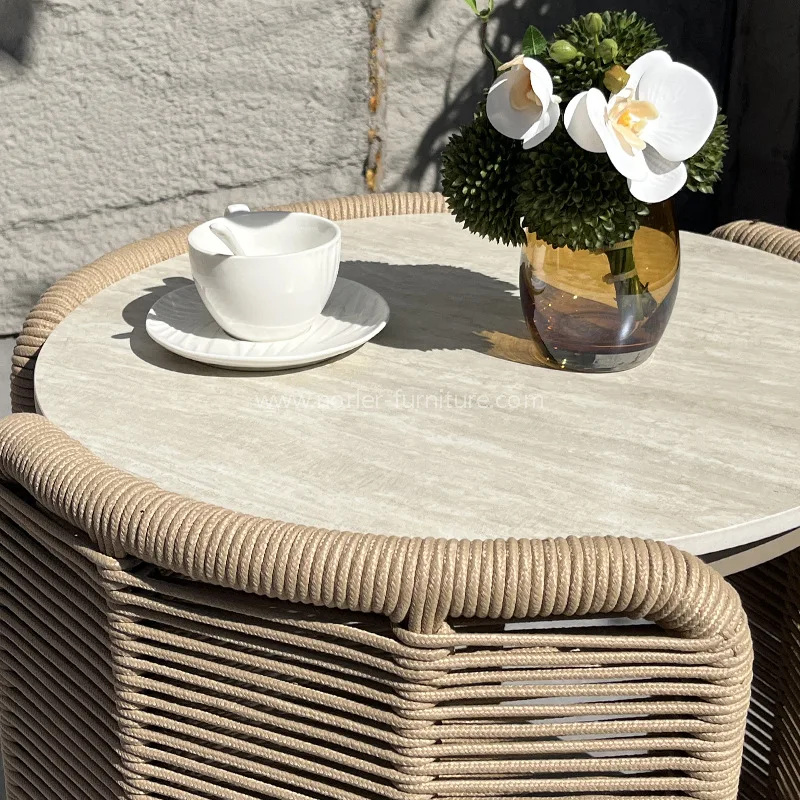 आउटडोर एल्यूमीनियम रस्सी बुनाई अवकाश कुर्सी फुटस्टूल सेट