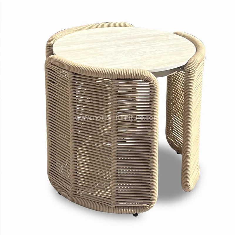 आउटडोर एल्यूमीनियम रस्सी बुनाई अवकाश कुर्सी फुटस्टूल सेट